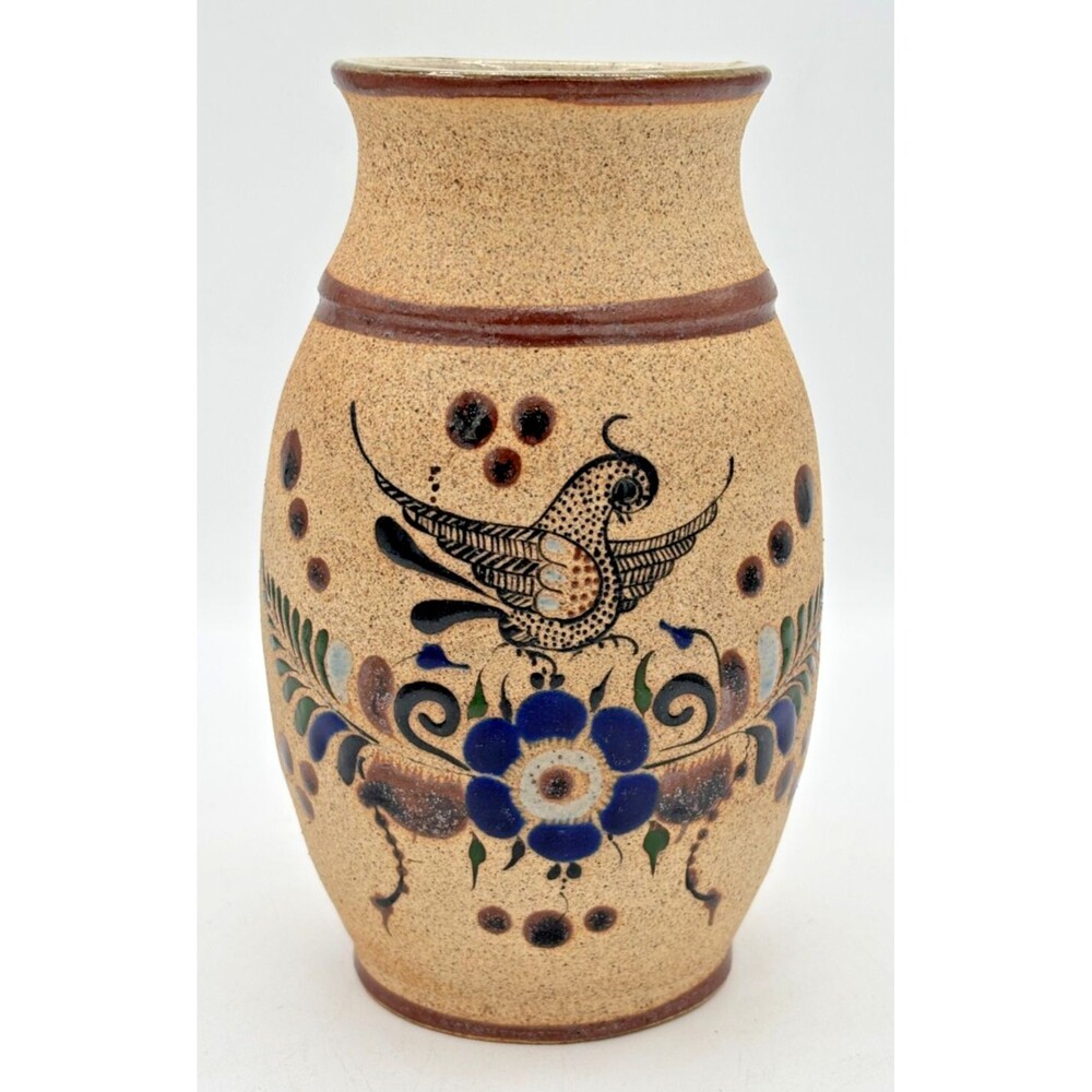 Netzi Tonala Pottery Burnished Clay Vase Hand-Painted Bird Floral‎ Motif Signed